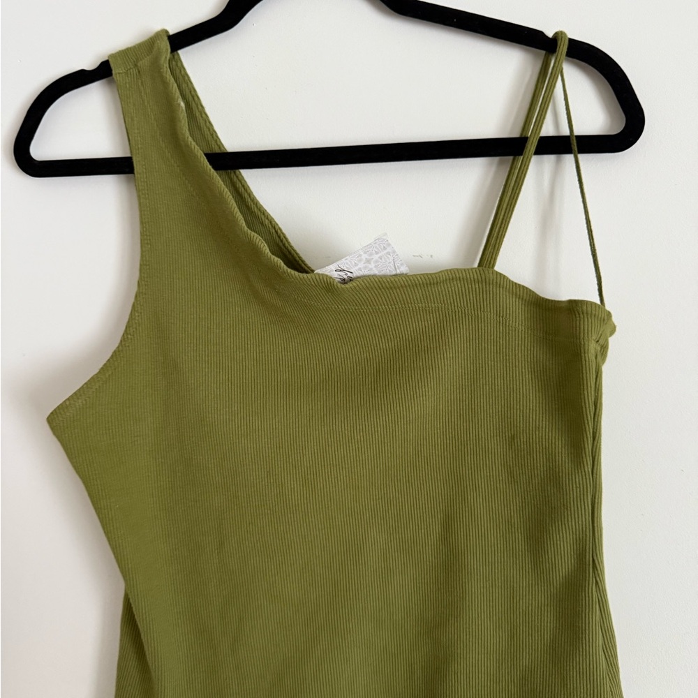 Olive Green Ribbed One-Shoulder Top - Picture 2 of 3